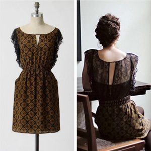 Anthropologie Maple Recollections Dress Size M Silk Lace Back Vintage Print Gold